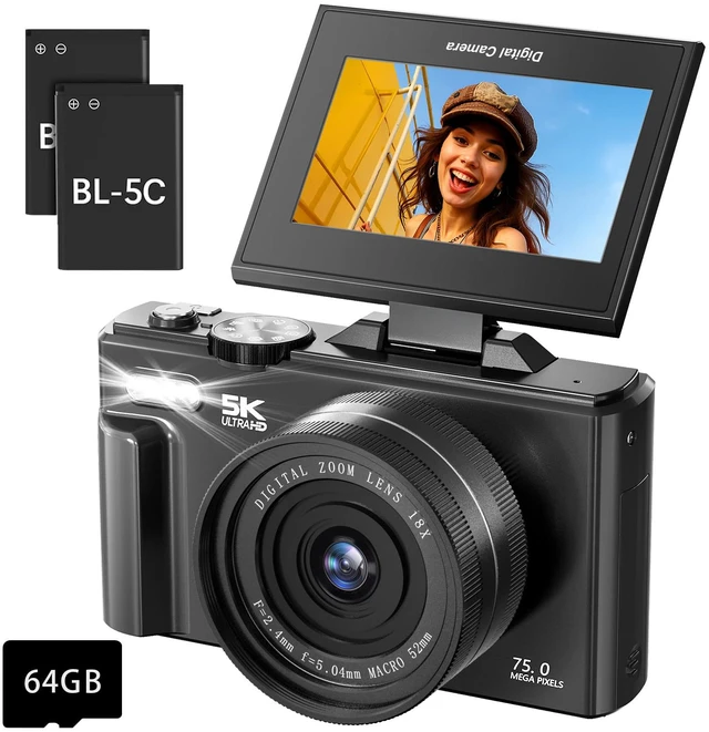 Main image of 5K Digital Camera for Photography - 75MP Autofocus Vlogging Camera with 64GB SD Card, WiFi, 18X Zoom 3" 180° Flip Screen Compact Travel Camera with 2 Batteries for Teens and Beginner