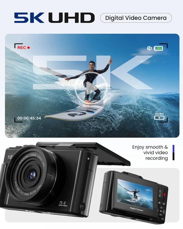 Alt view image 2 of 7 - 5K Digital Camera for Photography - 75MP Autofocus Vlogging Camera with 64GB SD Card, WiFi, 18X Zoom 3" 180° Flip Screen Compact Travel Camera with 2 Batteries for Teens and Beginner