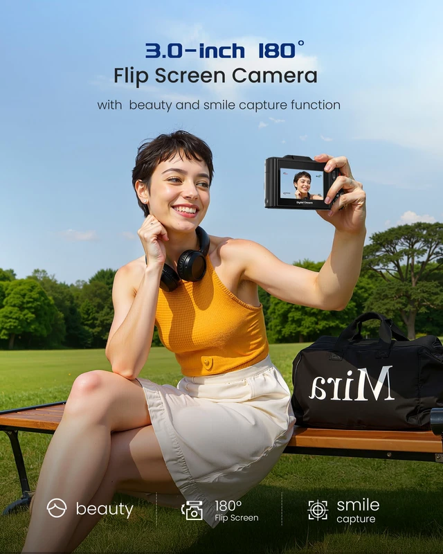 Alt view image 5 of 7 - 5K Digital Camera for Photography - 75MP Autofocus Vlogging Camera with 64GB SD Card, WiFi, 18X Zoom 3" 180° Flip Screen Compact Travel Camera with 2 Batteries for Teens and Beginner