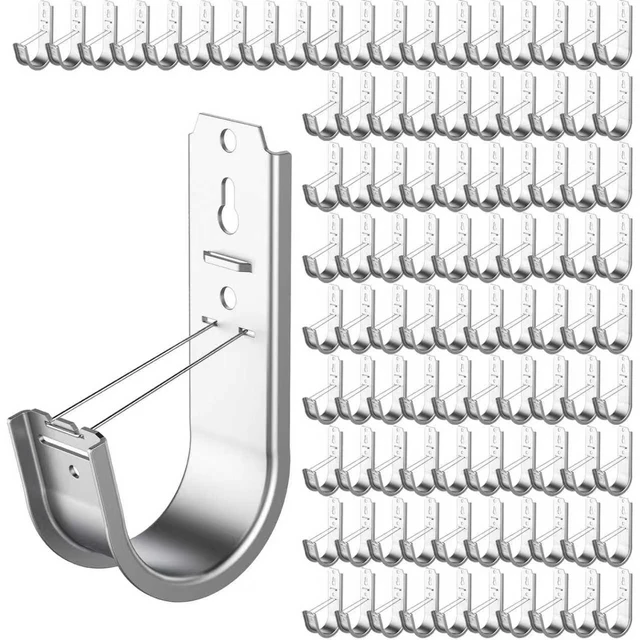 Main image of 100 Pack 2 Inch Cable Support J Hook Wall Mount J Hook with Retainer Clip, Galvanized Steel for Cable Management & Organization Solution