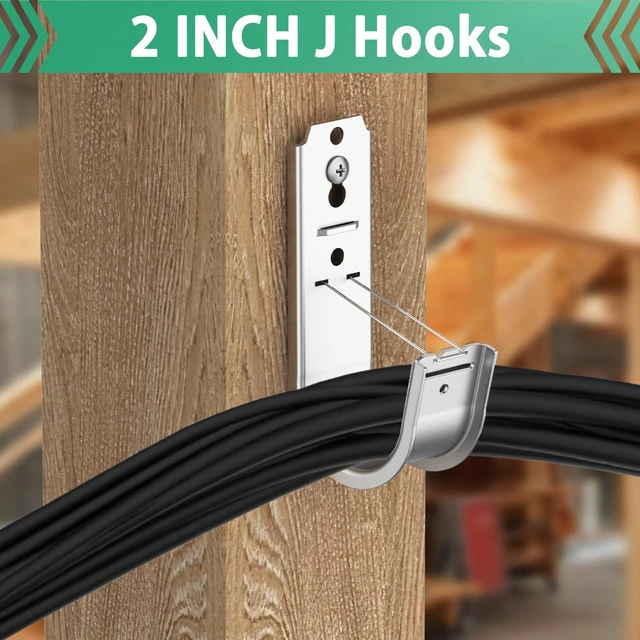Alt view image 3 of 7 - 100 Pack 2 Inch Cable Support J Hook Wall Mount J Hook with Retainer Clip, Galvanized Steel for Cable Management & Organization Solution