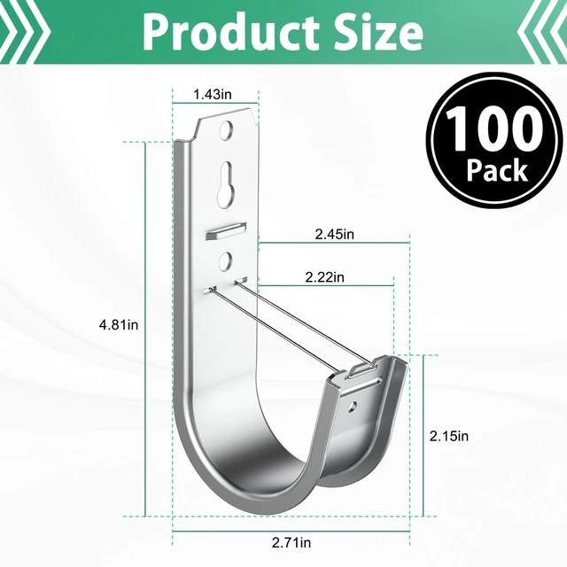 Alt view image 2 of 7 - 100 Pack 2 Inch Cable Support J Hook Wall Mount J Hook with Retainer Clip, Galvanized Steel for Cable Management & Organization Solution
