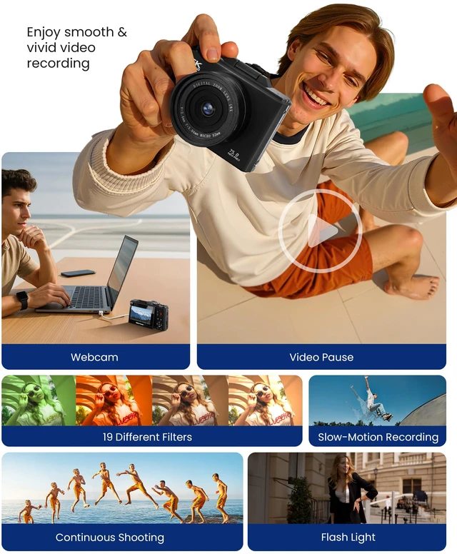 Alt view image 6 of 7 - 5K Digital Camera for Photography - 75MP Autofocus Vlogging Camera with 64GB SD Card, WiFi, 18X Zoom 3" 180° Flip Screen Compact Travel Camera with 2 Batteries for Teens and Beginner