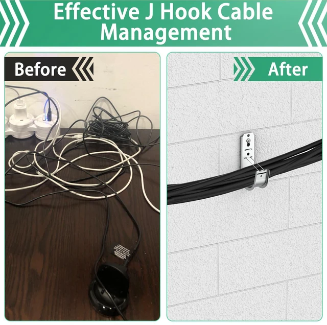 Alt view image 6 of 7 - 100 Pack 2 Inch Cable Support J Hook Wall Mount J Hook with Retainer Clip, Galvanized Steel for Cable Management & Organization Solution