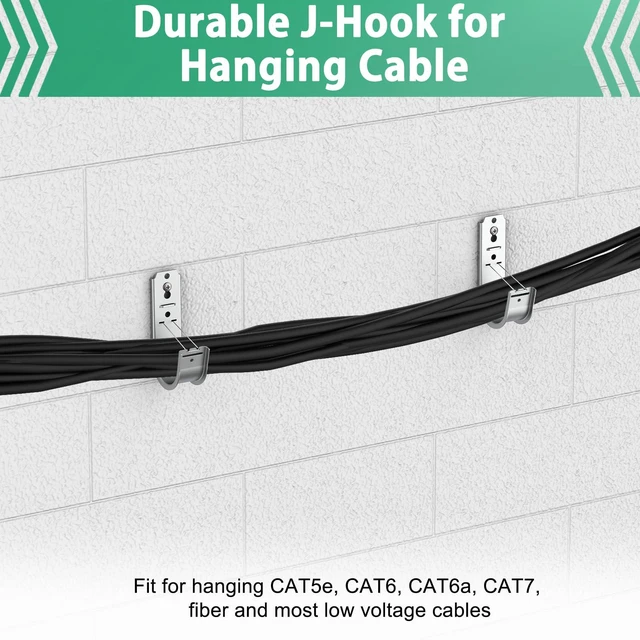 Alt view image 4 of 7 - 100 Pack 2 Inch Cable Support J Hook Wall Mount J Hook with Retainer Clip, Galvanized Steel for Cable Management & Organization Solution