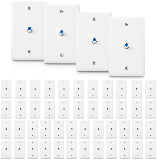 Main image of 50 Pcs 1 Port TV Cable Wall Plate with F Connector, Blue Single Gang Covers for Rg6 Coaxial Cable, F Type Connector, Wall Mount Video Jack Outlets, Home Theater Management