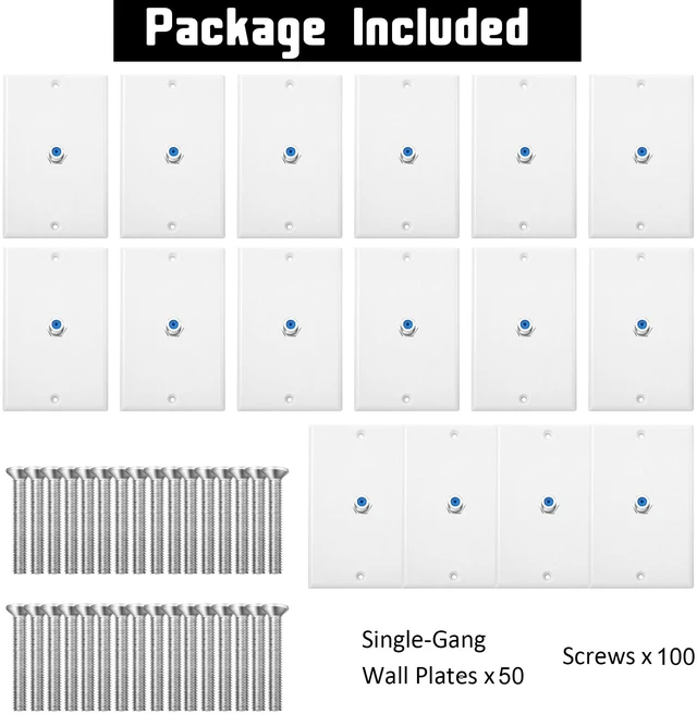 Alt view image 5 of 7 - 50 Pcs 1 Port TV Cable Wall Plate with F Connector, Blue Single Gang Covers for Rg6 Coaxial Cable, F Type Connector, Wall Mount Video Jack Outlets, Home Theater Management
