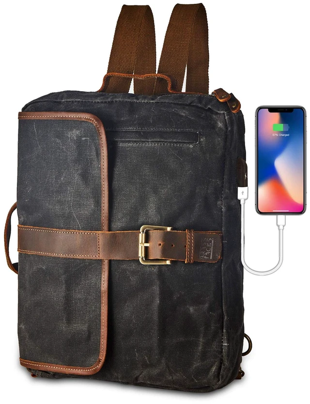 Main image of RASS TACKS Leathercraft Waxed Canvas Convertible Backpack Briefcase Vintage Water-Resistant Waxed Canvas Bag with Leather Trim, Converts to Briefcase Backpack Shoulder Bag, USB Port
