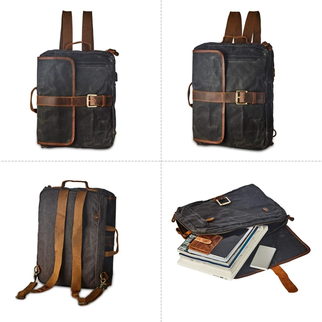 Alt view image 3 of 6 - RASS TACKS Leathercraft Waxed Canvas Convertible Backpack Briefcase Vintage Water-Resistant Waxed Canvas Bag with Leather Trim, Converts to Briefcase Backpack Shoulder Bag, USB Port