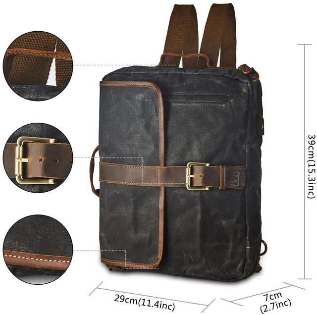 Alt view image 2 of 6 - RASS TACKS Leathercraft Waxed Canvas Convertible Backpack Briefcase Vintage Water-Resistant Waxed Canvas Bag with Leather Trim, Converts to Briefcase Backpack Shoulder Bag, USB Port