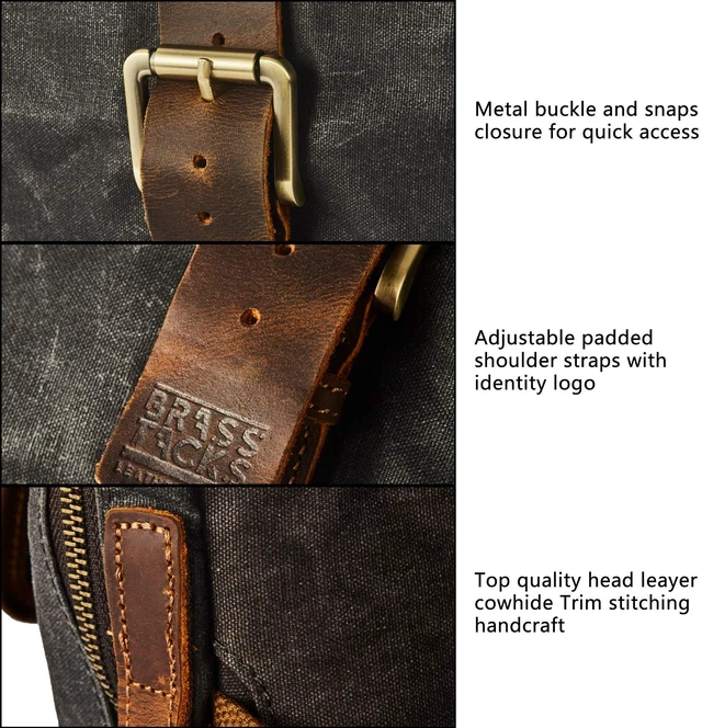 Alt view image 4 of 6 - RASS TACKS Leathercraft Waxed Canvas Convertible Backpack Briefcase Vintage Water-Resistant Waxed Canvas Bag with Leather Trim, Converts to Briefcase Backpack Shoulder Bag, USB Port
