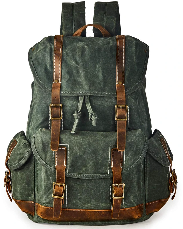 Main image of Heavy-Duty Waxed Canvas Rucksack Backpack Vintage Waxed Canvas Backpack with Leather Trim, Fits Laptop and Essentials for Travel and Daily Carry