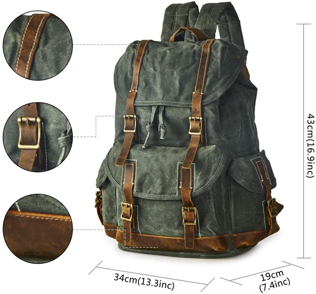 Alt view image 2 of 6 - Heavy-Duty Waxed Canvas Rucksack Backpack Vintage Waxed Canvas Backpack with Leather Trim, Fits Laptop and Essentials for Travel and Daily Carry