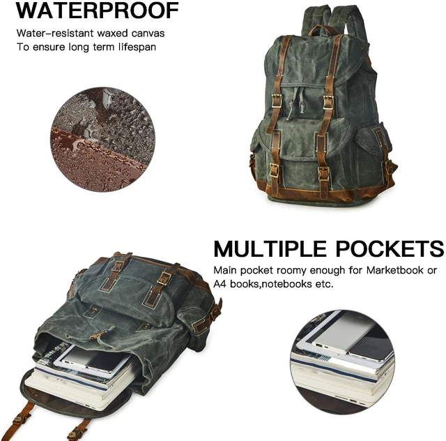 Alt view image 4 of 6 - Heavy-Duty Waxed Canvas Rucksack Backpack Vintage Waxed Canvas Backpack with Leather Trim, Fits Laptop and Essentials for Travel and Daily Carry