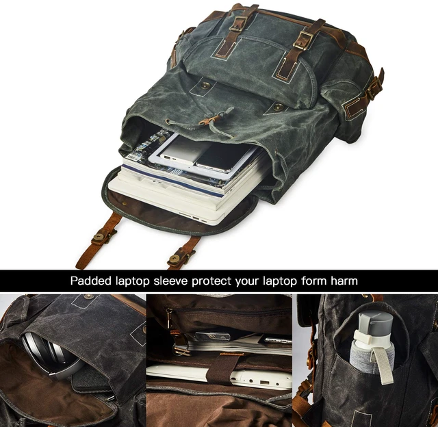Alt view image 5 of 6 - Heavy-Duty Waxed Canvas Rucksack Backpack Vintage Waxed Canvas Backpack with Leather Trim, Fits Laptop and Essentials for Travel and Daily Carry