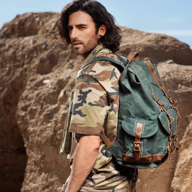 Alt view image 6 of 6 - Heavy-Duty Waxed Canvas Rucksack Backpack Vintage Waxed Canvas Backpack with Leather Trim, Fits Laptop and Essentials for Travel and Daily Carry
