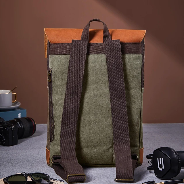 Alt view image 3 of 7 - Vintage Waterproof Waxed Canvas Leather Backpack for Men Women 15.6" laptop Travel Rucksack