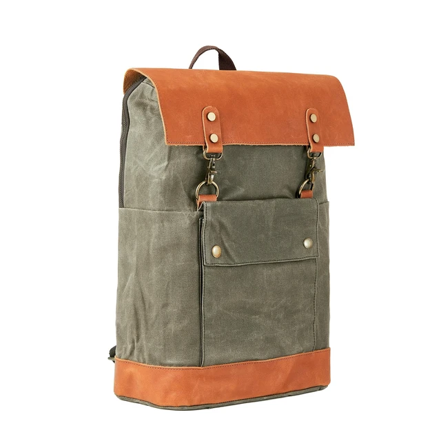 Alt view image 6 of 7 - Vintage Waterproof Waxed Canvas Leather Backpack for Men Women 15.6" laptop Travel Rucksack
