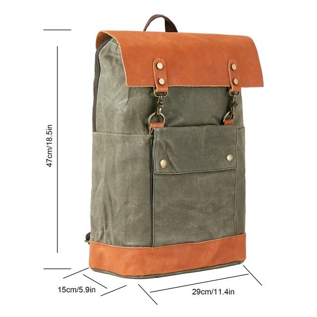 Alt view image 7 of 7 - Vintage Waterproof Waxed Canvas Leather Backpack for Men Women 15.6" laptop Travel Rucksack
