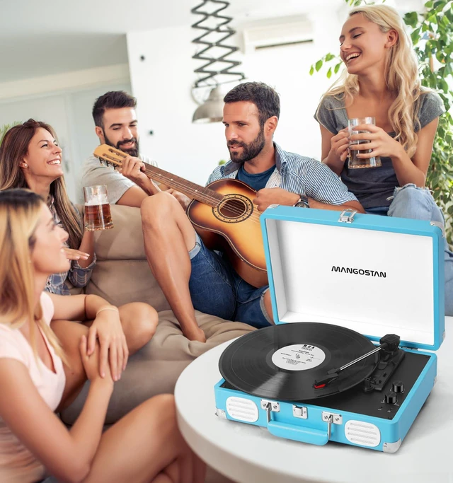 Alt view image 2 of 7 - Bluetooth Suitcase Record Player, 3-Speed Portable Turntable,Blue Retro suitcase design with Bluetooth, 3-speed vinyl playback, stereo speakers, AUX-in, RCA output and headphone jack