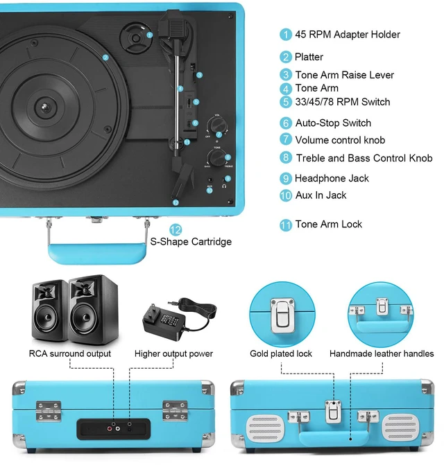 Alt view image 4 of 7 - Bluetooth Suitcase Record Player, 3-Speed Portable Turntable,Blue Retro suitcase design with Bluetooth, 3-speed vinyl playback, stereo speakers, AUX-in, RCA output and headphone jack