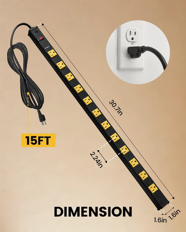 Alt view image 7 of 7 - 2-Pack 12 Outlet Metal Power Strip, 1020J Surge, ETL Listed All-Metal Housing, 15ft 14AWG Cord, Straight Plug, Wall Mountable, Industrial Heavy Duty, Workshop, Garage