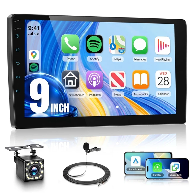 Main image of Single Din Car Radio Stereo, 1 Din 9 Inch Touchscreen Radio Wireless CarPlay Android Auto, Bluetooth DSP FM/RDS, SWC, Vi-Link, Backup Camera, Support You-Tube Online Video