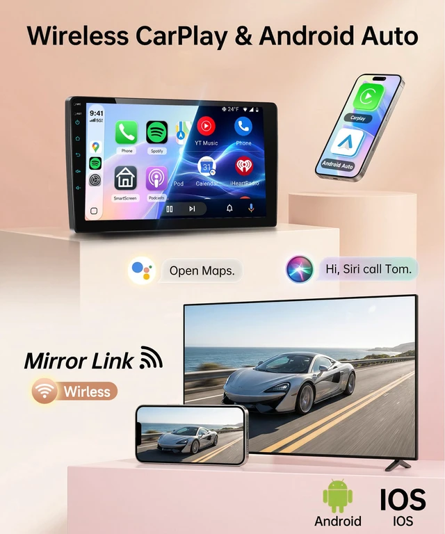 Alt view image 2 of 6 - Single Din Car Radio Stereo, 1 Din 9 Inch Touchscreen Radio Wireless CarPlay Android Auto, Bluetooth DSP FM/RDS, SWC, Vi-Link, Backup Camera, Support You-Tube Online Video