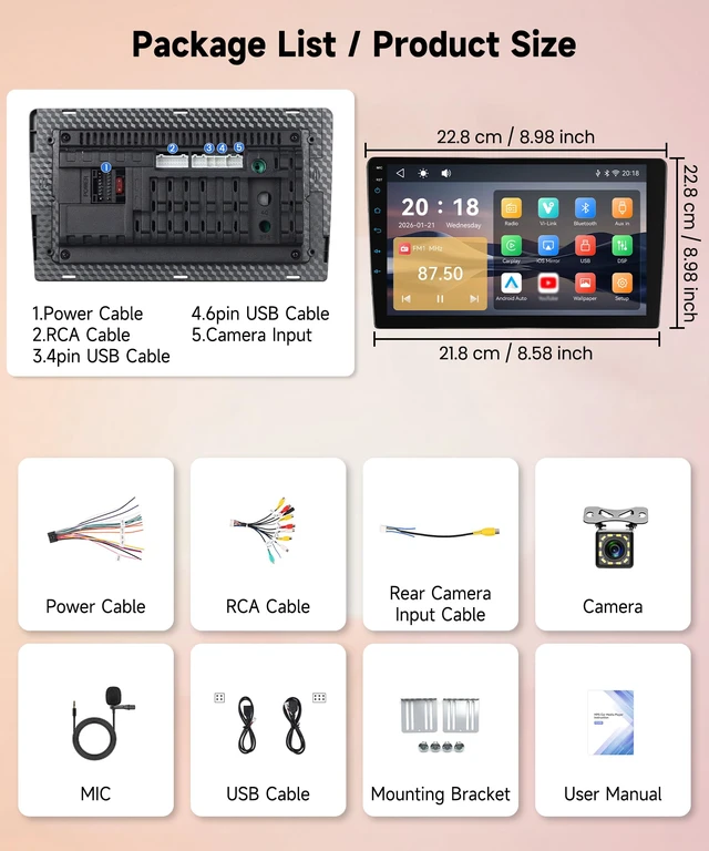 Alt view image 6 of 6 - Single Din Car Radio Stereo, 1 Din 9 Inch Touchscreen Radio Wireless CarPlay Android Auto, Bluetooth DSP FM/RDS, SWC, Vi-Link, Backup Camera, Support You-Tube Online Video