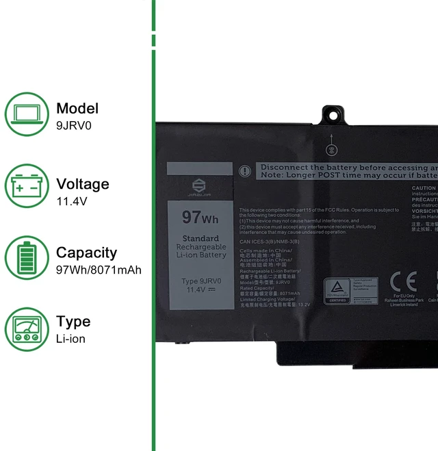 Alt view image 2 of 6 - 9JRV0 CPX-53XP7 97Wh Laptop Battery Replacement for Dell Latitude 5521 5531 Precision 3561 3571 3581 3591 Series Notebook 53XP7 053XP7 05RGW 005RGW Black 11.4V 8071mAh