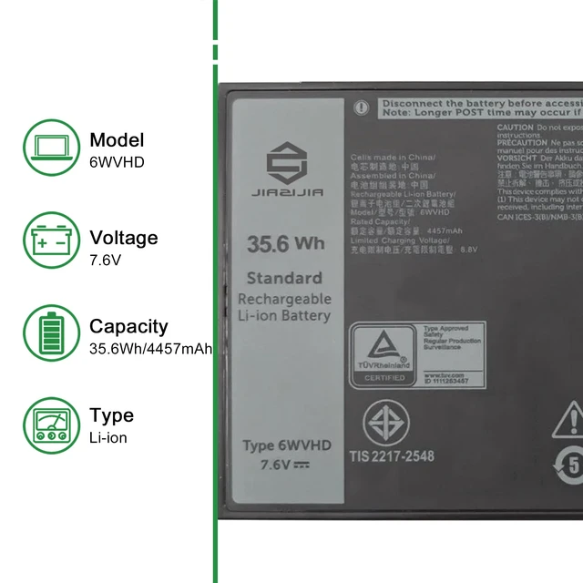 Alt view image 2 of 6 - 6WVHD 451-BDDY Laptop Battery Replacement for Dell Latitude 7230 Rugged Extreme Tablet T06H T06H001 Pro Rugged 12 Tablet RA02260 Series FNW8F 0VDDJY VDDJY 0JM6CX JM6CX 7.6V 35.6Wh 4457mAh