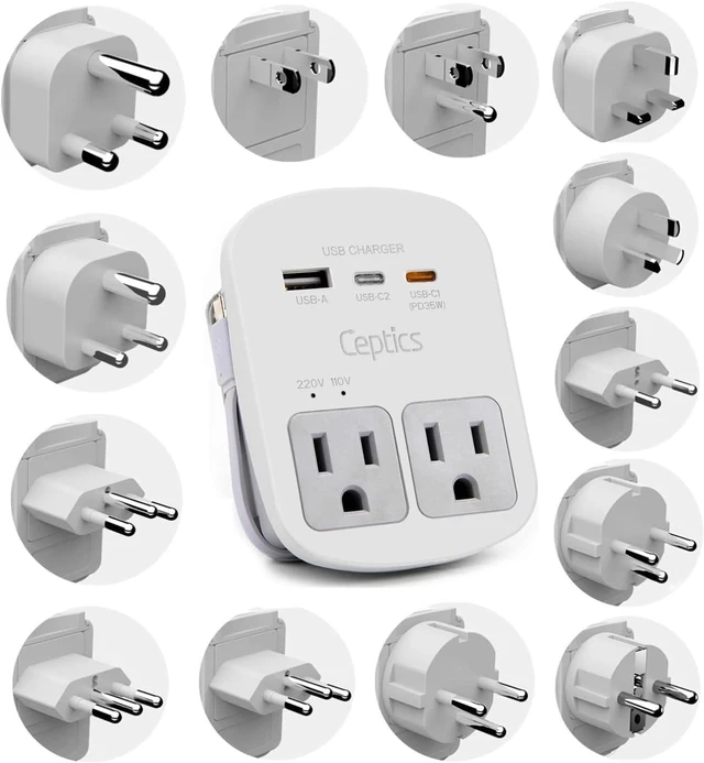 Main image of Universal Travel Adapter, 35W World Travel Adapter Kit - 2 USA sockets, USB-A, USBC, 1x PD 35W USB-C and USBC Cable, Perfect for Laptops, Cell Phones, Chargers - Surge Protection