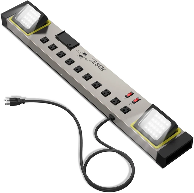 Main image of 10-Outlet Power Strip with LED Worklight 4ft Cord, Heavy Duty Metal Wall Mount Workbench Power Strip for Workshop/Garage/Office/Home, ETL Listed