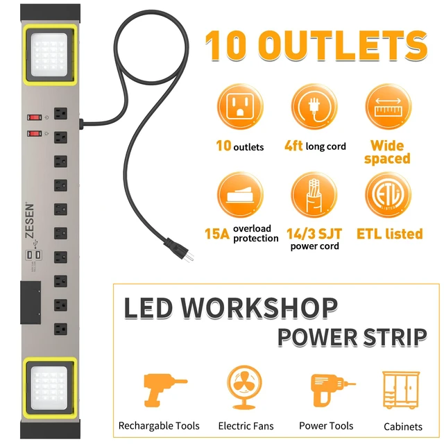 Alt view image 2 of 7 - 10-Outlet Power Strip with LED Worklight 4ft Cord, Heavy Duty Metal Wall Mount Workbench Power Strip for Workshop/Garage/Office/Home, ETL Listed