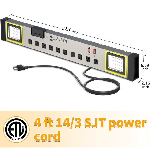 Alt view image 3 of 7 - 10-Outlet Power Strip with LED Worklight 4ft Cord, Heavy Duty Metal Wall Mount Workbench Power Strip for Workshop/Garage/Office/Home, ETL Listed