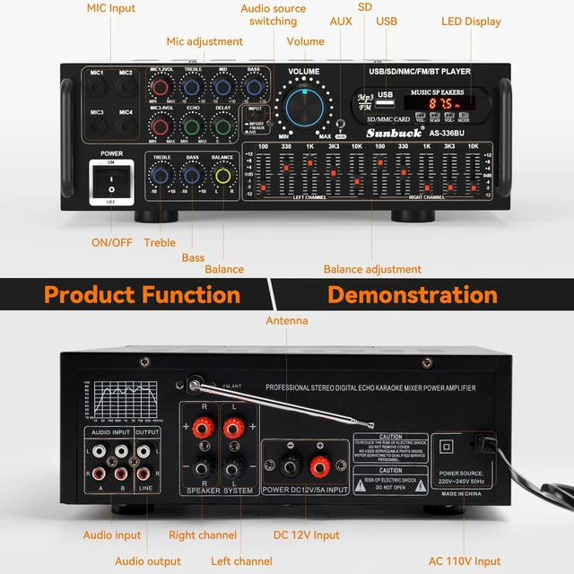 Alt view image 2 of 7 - 2000W Stereo Audio Amplifier for Home Theater, Car Audio, Karaoke, Party, Outdoor Camping with Multiple Input Modes EQ Mixer, Mic Input, Remote Control, 2.0 Channel