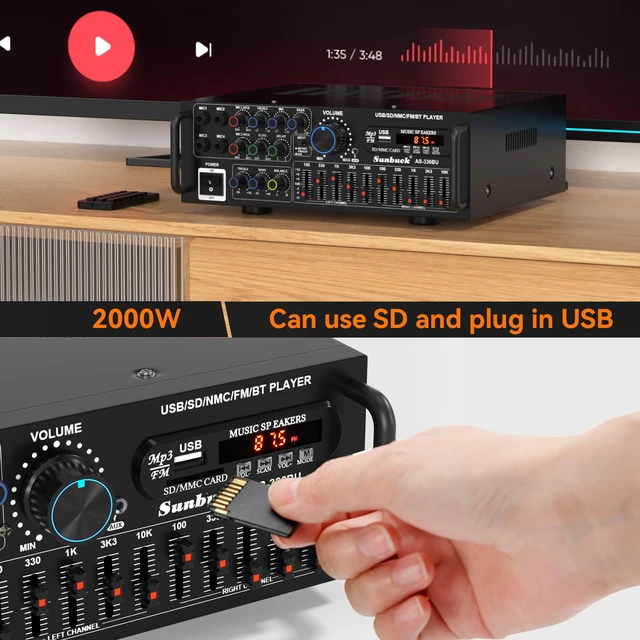 Alt view image 4 of 7 - 2000W Stereo Audio Amplifier for Home Theater, Car Audio, Karaoke, Party, Outdoor Camping with Multiple Input Modes EQ Mixer, Mic Input, Remote Control, 2.0 Channel