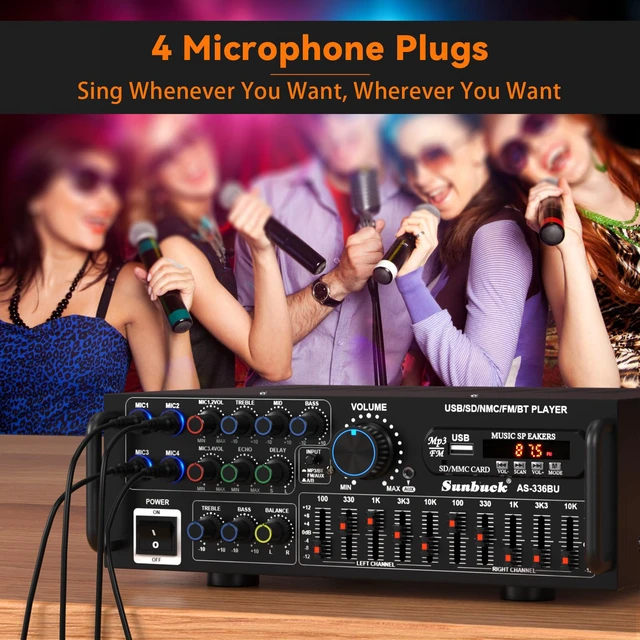 Alt view image 6 of 7 - 2000W Stereo Audio Amplifier for Home Theater, Car Audio, Karaoke, Party, Outdoor Camping with Multiple Input Modes EQ Mixer, Mic Input, Remote Control, 2.0 Channel