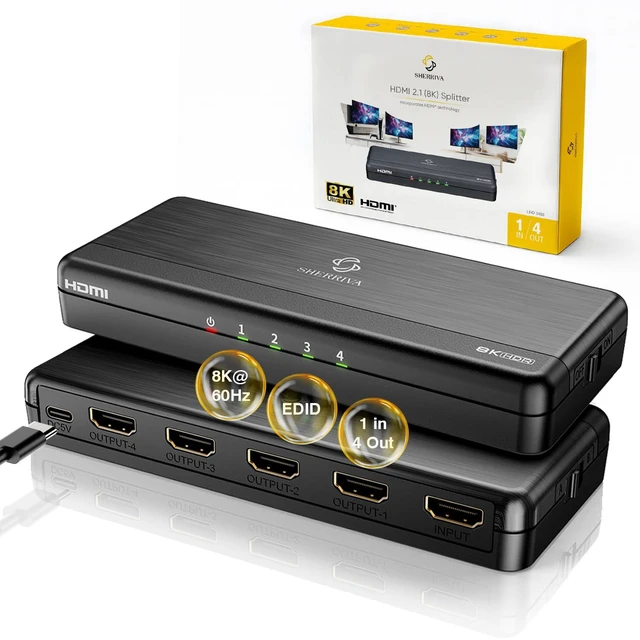 Main image of 8K HDMI Splitter 1 in 4 Out (Mirror Only) HDMI 2.1 8K@60Hz, 4K@240Hz DSC, 4K@120Hz, Auto Downscaling, 48Gbps, HDCP 2.3, Duplicate Screens for Multiple Monitors, TV, PS5, Xbox