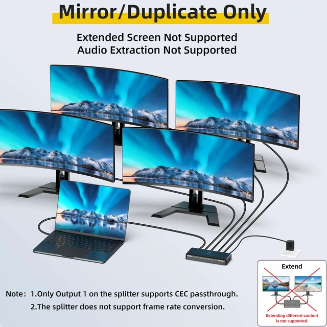 Alt view image 2 of 7 - 8K HDMI Splitter 1 in 4 Out (Mirror Only) HDMI 2.1 8K@60Hz, 4K@240Hz DSC, 4K@120Hz, Auto Downscaling, 48Gbps, HDCP 2.3, Duplicate Screens for Multiple Monitors, TV, PS5, Xbox