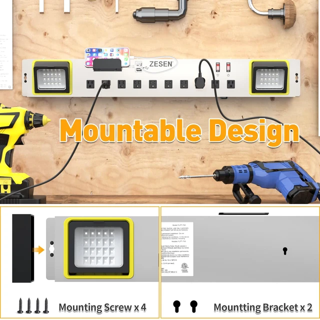 Alt view image 4 of 7 - 10-Outlet Power Strip with LED Worklight 4ft Cord, Heavy Duty Metal Wall Mount Workbench Power Strip for Workshop/Garage/Office/Home, ETL Listed