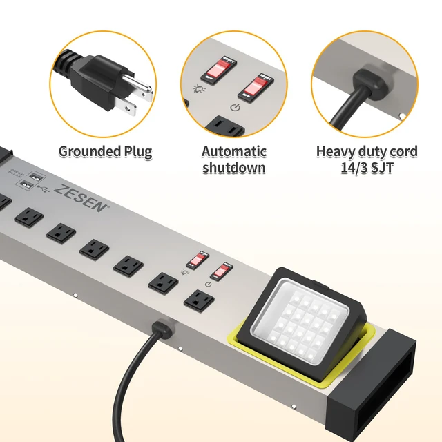 Alt view image 5 of 7 - 10-Outlet Power Strip with LED Worklight 4ft Cord, Heavy Duty Metal Wall Mount Workbench Power Strip for Workshop/Garage/Office/Home, ETL Listed