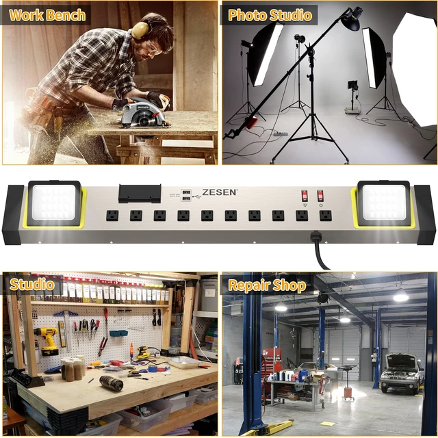 Alt view image 6 of 7 - 10-Outlet Power Strip with LED Worklight 4ft Cord, Heavy Duty Metal Wall Mount Workbench Power Strip for Workshop/Garage/Office/Home, ETL Listed