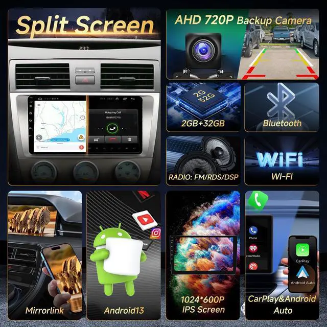 Alt view image 3 of 6 - Android Car Radio for Toyota Camry 2006 2007 2008 2009 2010 2011 Stereo Wireless CarPlay Android Auto, 9" Touch Screen for Camry GPS 5G WiFi FM RDS HiFi Mirrorlink Camera SWC (Fit J.B.L)