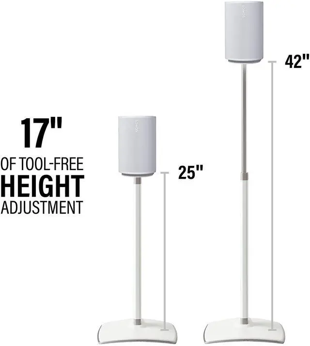 Alt view image 2 of 6 - Speaker Stand for Sonos Era 100 Speakers - Height Adjustable Single Stand w/Easy 3 Step Install - Includes Rubber Feet & Carpet Spikes - White