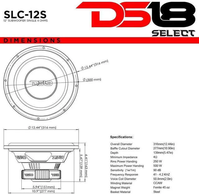 Alt view image 3 of 6 - SLC-12S Subwoofer in Black - 12-Inch Speaker, 500W Max Power, 250W RMS Power, Aluminum 4 Layer Voice Coil, Black Steel Frame, SVC, 4 Ohm Impedance, Ferrite Magnet (1 Speaker)