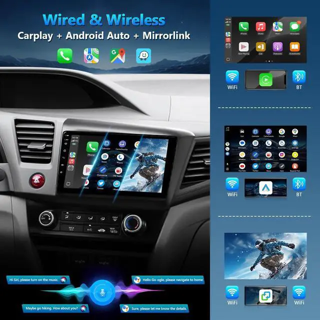 Alt view image 4 of 6 - Car Play Stereo for Honda Civic 2012 2013 2014 2015 Radio Apple CarPlay Android Auto | 9IN IPS Touchscreen for Honda Civic Head Unit GPS 5G WiFi FM RDS EQ DSP AUX BT SWC Backup Camera MIC