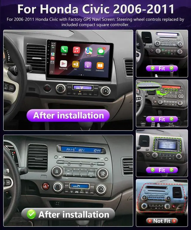 Alt view image 2 of 6 - Android 13 Car Stereo for Honda Civic 2006 to 2011 with factory navigation Support Apple CarPlay Android Auto, 10.1IN Touchscreen for Honda Civic 5G WiFi GPS FM RDS DSP EQ BT Mirrorlink Camera MIC