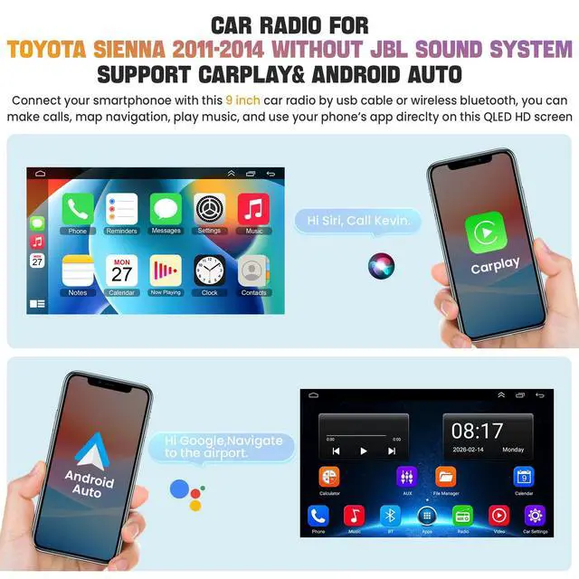 Alt view image 3 of 6 - Car Radio Stereo for Toyota Sienna 2011-2014 Without JBL Sound System, Support Wireless Carplay/Android Auto/Mirrorlink, 9 Inch QLED Touchscreen with Bluetooth,FM Radio,DSP