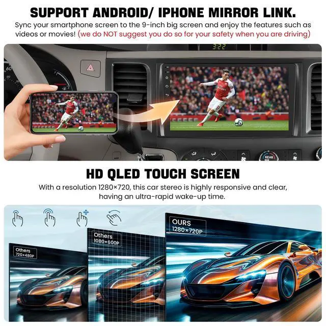 Alt view image 4 of 6 - Car Radio Stereo for Toyota Sienna 2011-2014 Without JBL Sound System, Support Wireless Carplay/Android Auto/Mirrorlink, 9 Inch QLED Touchscreen with Bluetooth,FM Radio,DSP